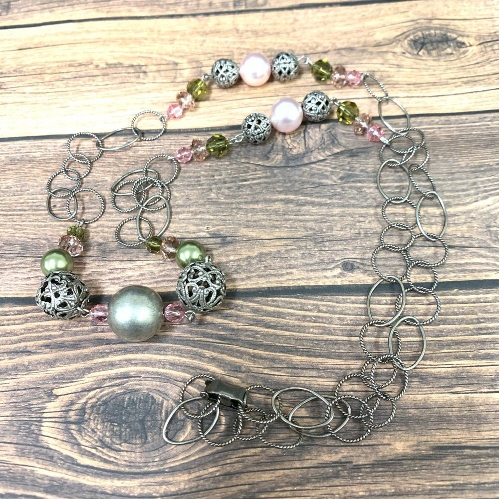 ‎Large Link Pearl and Crystal Necklace
